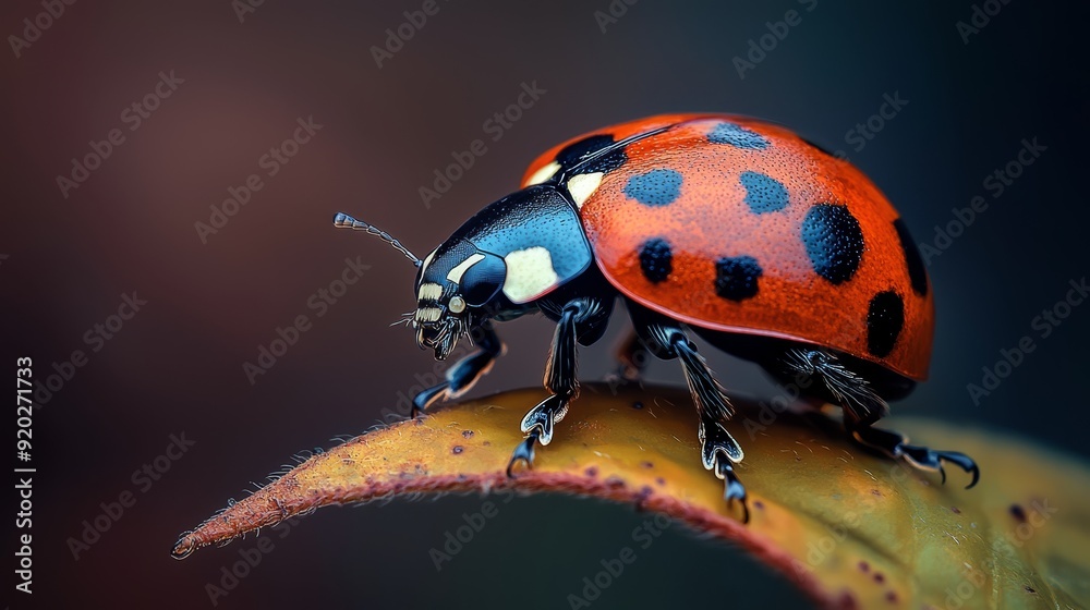 A tight shot of a ladybug on a leaf, displaying its intricate black and red exoskeleton patterns A tight shot of a ladybug on a leaf, displaying its intricate black and red exoskeleton patterns