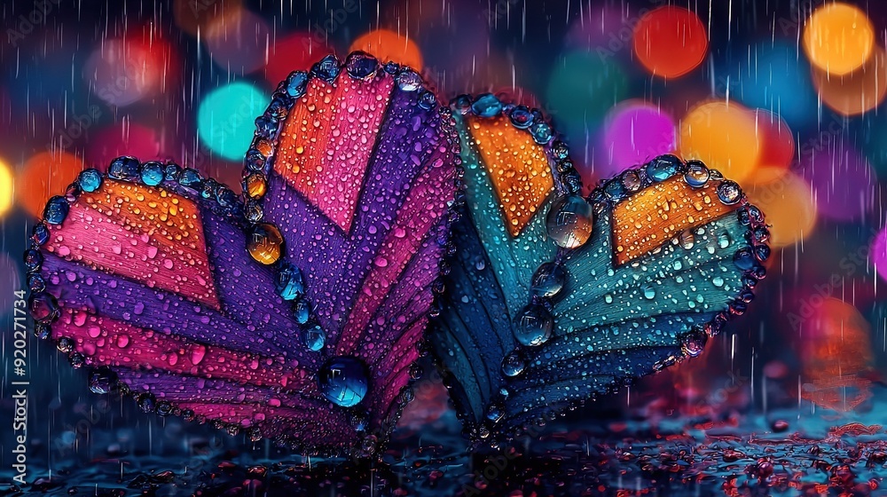   A colorful butterfly on a wet surface with raindrops on its wings, against a backdrop of colorful lights