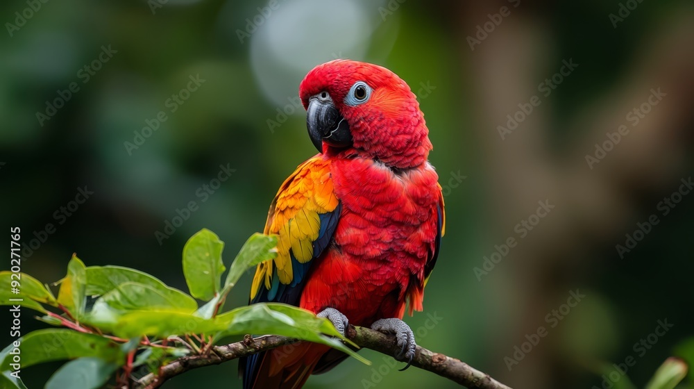 A red-and-yellow parrot perches on a tree branch, adorned with green leaves A red-and-yellow parrot perches on a tree branch, adorned with green leaves