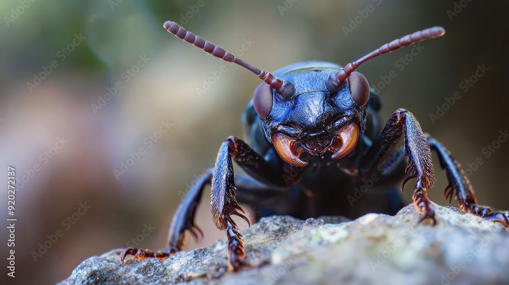A tight shot of a bug perched on a rock, its mouth agape and eyes wide, against a softly blurred backdrop A tight shot of a bug perched on a rock, its mouth agape and eyes wide, against a softly blurred backdrop
