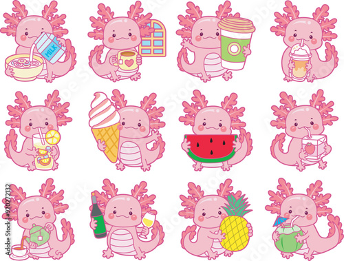 Illustration of cute axolotl activities icon.
Funny pink axolotl in daily routine stickers.
