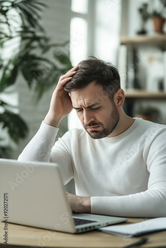 A man in a white shirt, hand on his head, stressed while working on a laptop in a bright, plant-filled room, reflecting work pressure and mental fatigue.