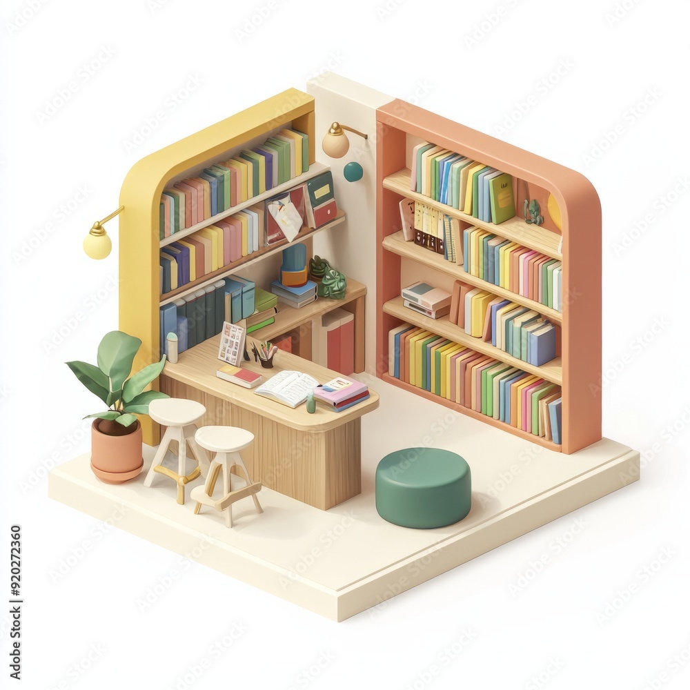 3D Render of a cozy book stall with shelves of books and a reading nook 3D Render of a cozy book stall with shelves of books and a reading nook