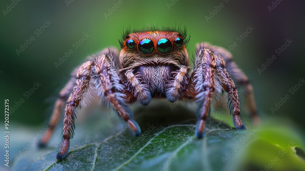A tight shot of a jumping spider on a verdant leaf against softly blurred green background foliage A tight shot of a jumping spider on a verdant leaf against softly blurred green background foliage