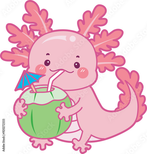 Illustration of cute axolotl activities icon.
Funny pink axolotl in daily routine stickers.
