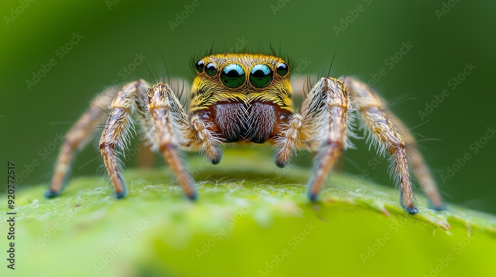 A tight shot of a jumping spider on a verdant leaf, background softly blurred A tight shot of a jumping spider on a verdant leaf, background softly blurred