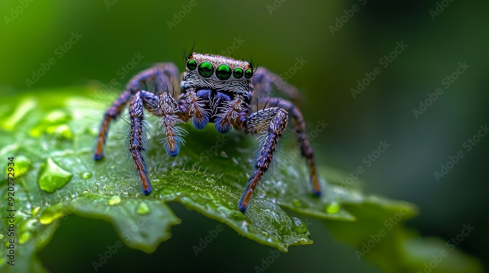 A detailed view of a blue jumping spider perched on a wet green leaf, with water droplets on its translucent wings A detailed view of a blue jumping spider perched on a wet green leaf, with water droplets on its translucent wings