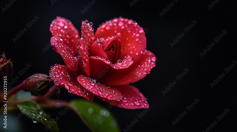 Red rose with dewdrops on petals and a green stem against a black backdrop or Up-close view of a red rose, water droplets on its pet Red rose with dewdrops on petals and a green stem against a black backdrop or Up-close view of a red rose, water droplets on its pet