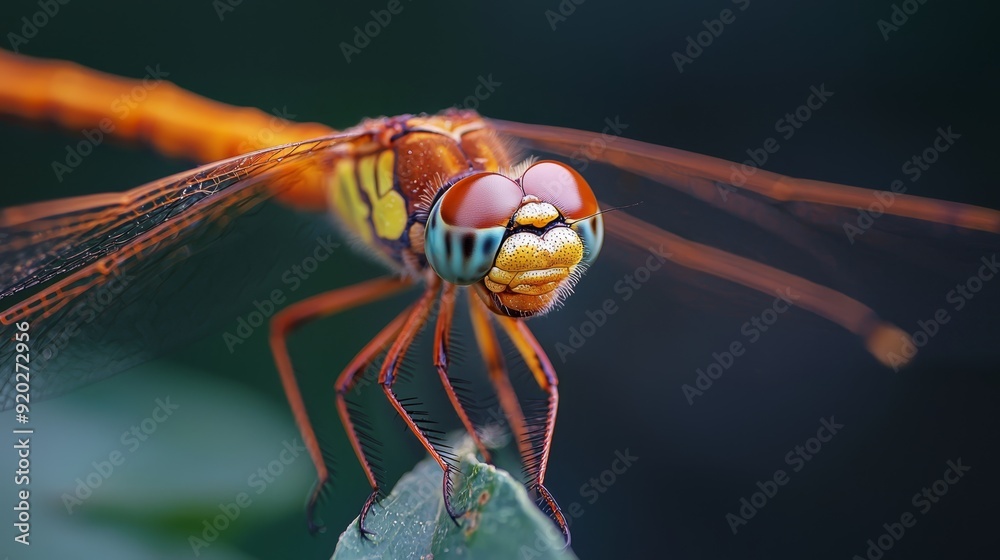 A close-up of a dragonfly resting on a leaf with its eyes closed A close-up of a dragonfly resting on a leaf with its eyes closed