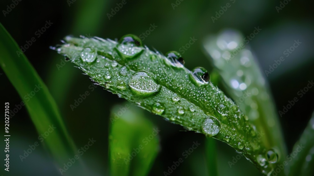 A tight shot of a green plant, dewdrops glistening on its leaves, against a backdrop of verdant grass A tight shot of a green plant, dewdrops glistening on its leaves, against a backdrop of verdant grass