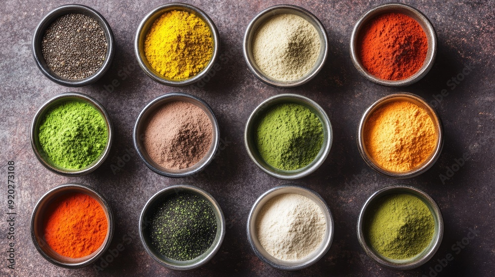 A top-down view of various superfood powders in small bowls, showcasing their vibrant colors and health benefits. A top-down view of various superfood powders in small bowls, showcasing their vibrant colors and health benefits.
