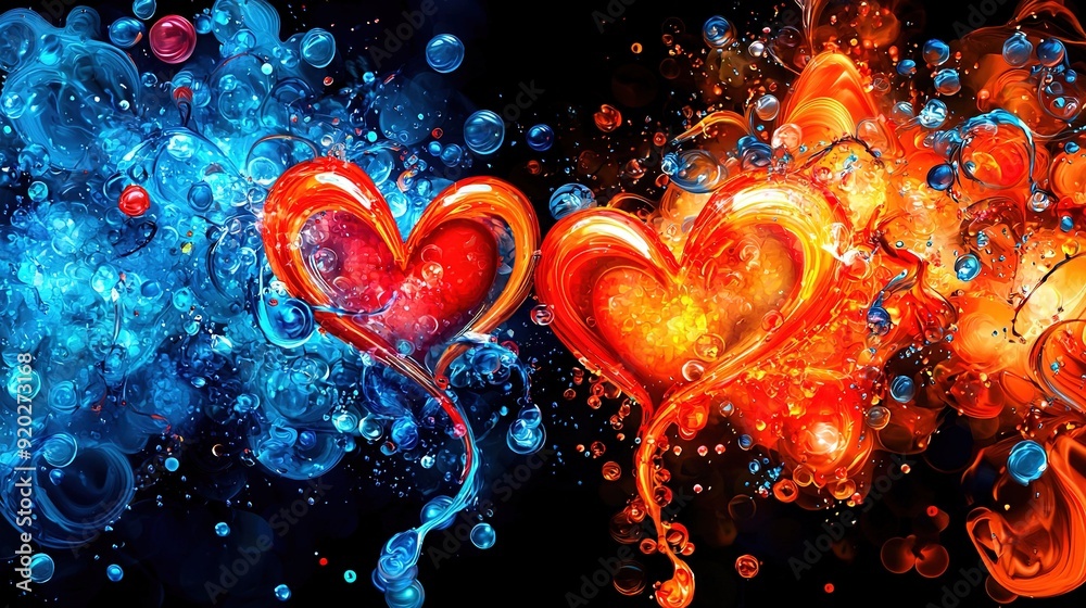 A black backdrop featuring two red and blue heart-shaped bubbles surrounded by water bubbles A black backdrop featuring two red and blue heart-shaped bubbles surrounded by water bubbles