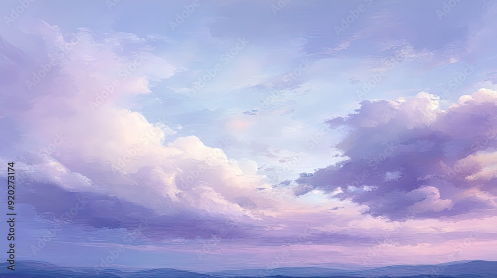Obraz premium A tranquil evening sky painted with soft shades of purple, blue, and white, as daylight fades into night.