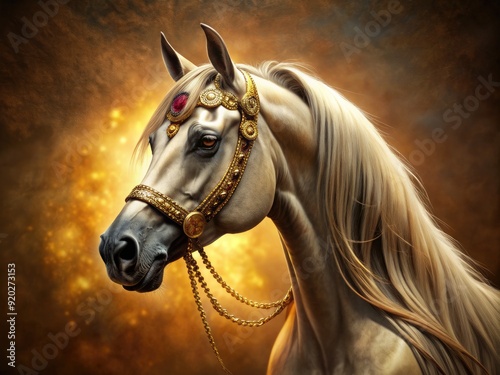 Majestic Arabian horse's head in profile, adorned with regal crest, set against a golden background, conveying elegance, nobility, and refined sophistication. photo