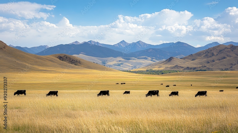 A tranquil landscape featuring cows grazing peacefully in a large open field with distant mountains on the horizon. A tranquil landscape featuring cows grazing peacefully in a large open field with distant mountains on the horizon.