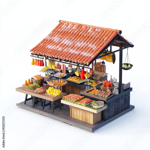 3D Render of a lively street food stall with a variety of international cuisines