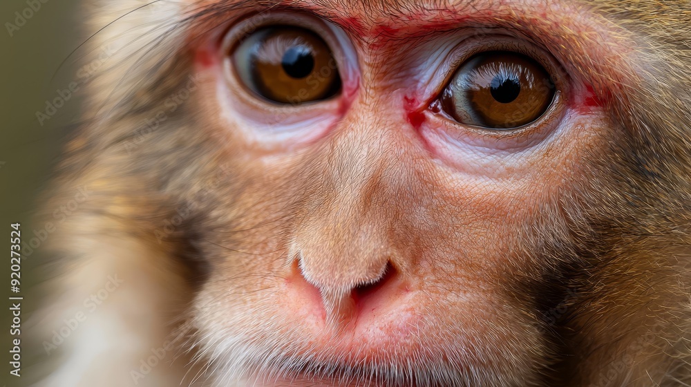 A tight shot of a monkey's face with a distinct red mark on its cheek against a hazy backdrop A tight shot of a monkey's face with a distinct red mark on its cheek against a hazy backdrop