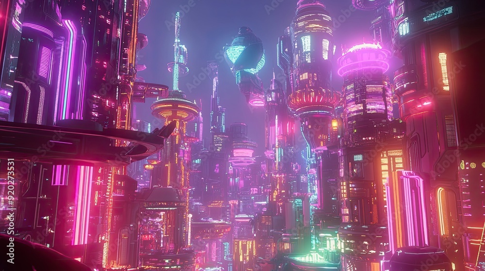 A vibrant, futuristic city bathed in colorful lights, with towering structures and advanced technology. A vibrant, futuristic city bathed in colorful lights, with towering structures and advanced technology.