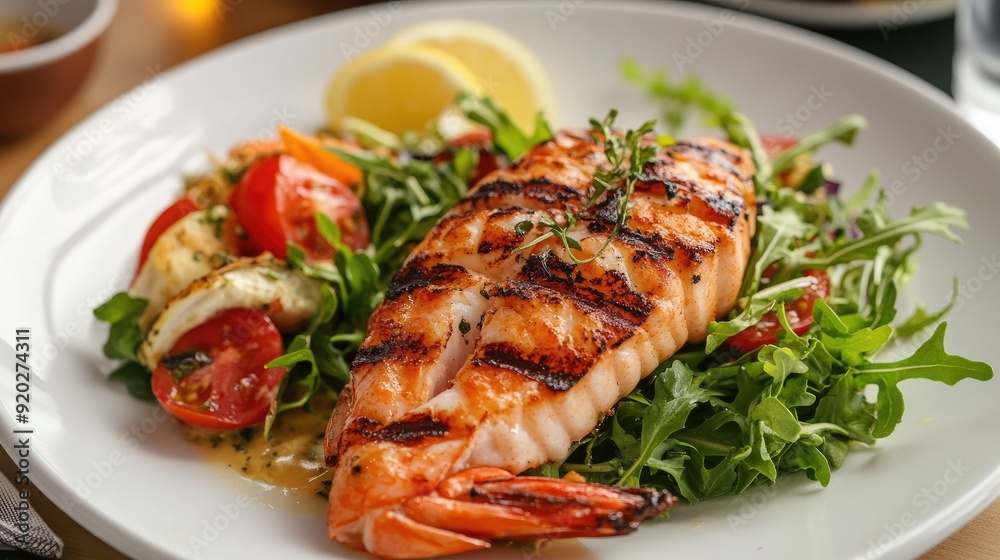 A well-cooked seafood entre served with a side of salad, perfect for a wholesome lunch or dinner. A well-cooked seafood entre served with a side of salad, perfect for a wholesome lunch or dinner.