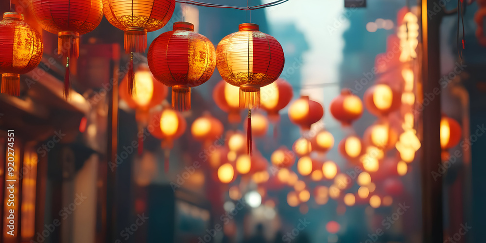 Red and Gold Chinese Lanterns Hanging in a Row in an Asian City Illustration Red and Gold Chinese Lanterns Hanging in a Row in an Asian City Illustration