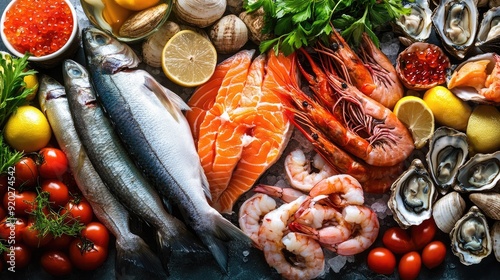 An assortment of fresh seafood varieties, from shrimp and clams to fish and oysters, beautifully arranged on a table.