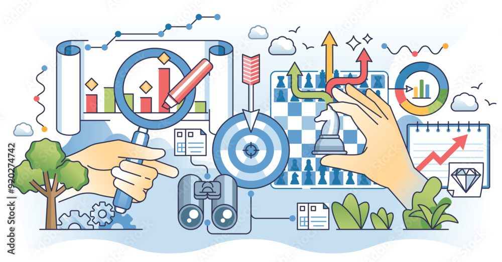 Fototapeta premium Competitive analysis with business marketing research outline hands concept. Company strategy for development and growth with effective tactics vector illustration. Future market profit forecasting.