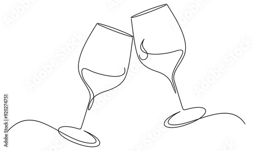 Wine Glass Cheers line art style. New year party vector elements.