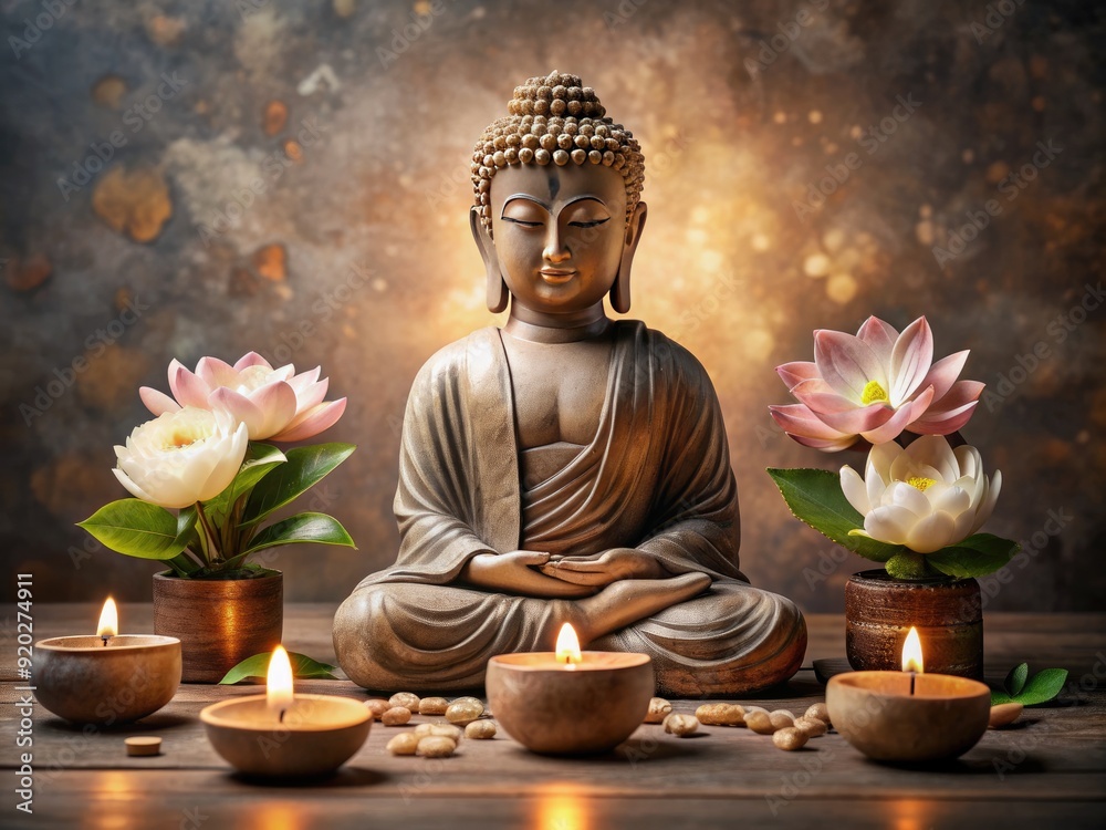 Serene Buddha statue surrounded by lotus flowers and candles ...