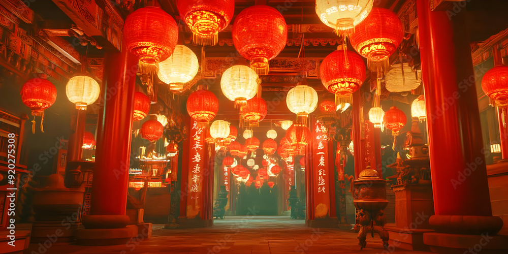 Fototapeta premium Red Lanterns in a Chinese Temple Illustration