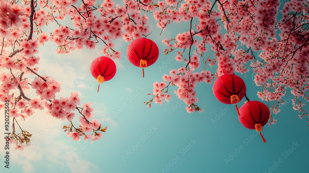 Obraz premium Red Lanterns Hanging From Pink Cherry Blossoms Photo