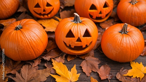 Charming Halloween pumpkins surrounded by colorful autumn leaves, creating a festive fall atmosphere perfect for decorations.