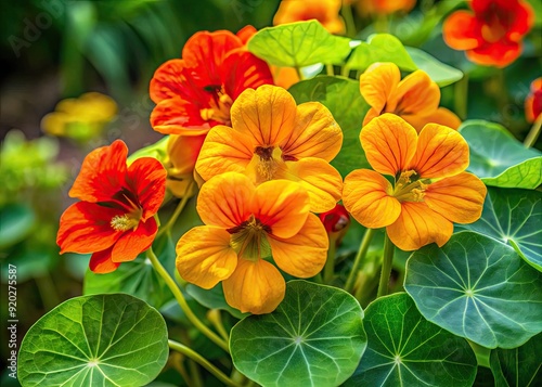 Wallpaper Mural Vibrant orange-yellow blooms of Tropaeolum majus, also known as nasturtium, cascade downwards, with delicate round leaves and slender stems against a soft green blurred background. Torontodigital.ca