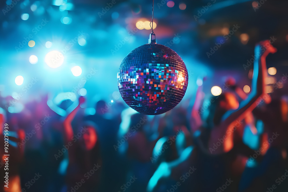 Fototapeta premium Disco Ball Hanging Over Dancing Crowd Photo