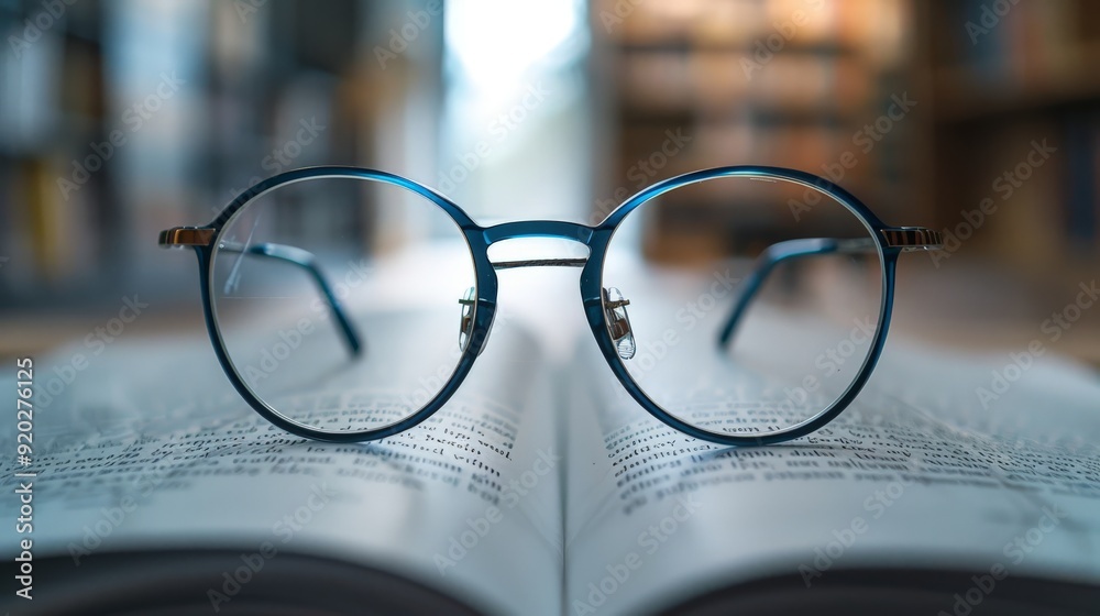 Reading Glasses on Open Book with Blurred Bookshelf Background Reading Glasses on Open Book with Blurred Bookshelf Background