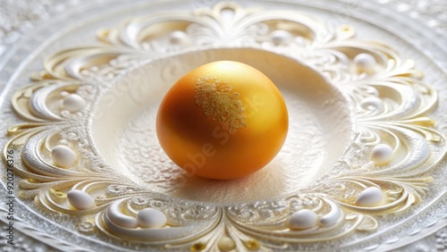 Golden egg yolk centered in a pristine white eggshell, glistening with moisture and surrounded by delicate, swirling patterns, viewed directly from above.