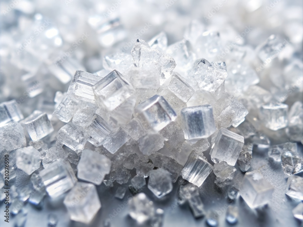 Macro shot of delicate, transparent salt crystals scattered on a white background, showcasing their intricate geometric shapes and sparkling, icy beauty.