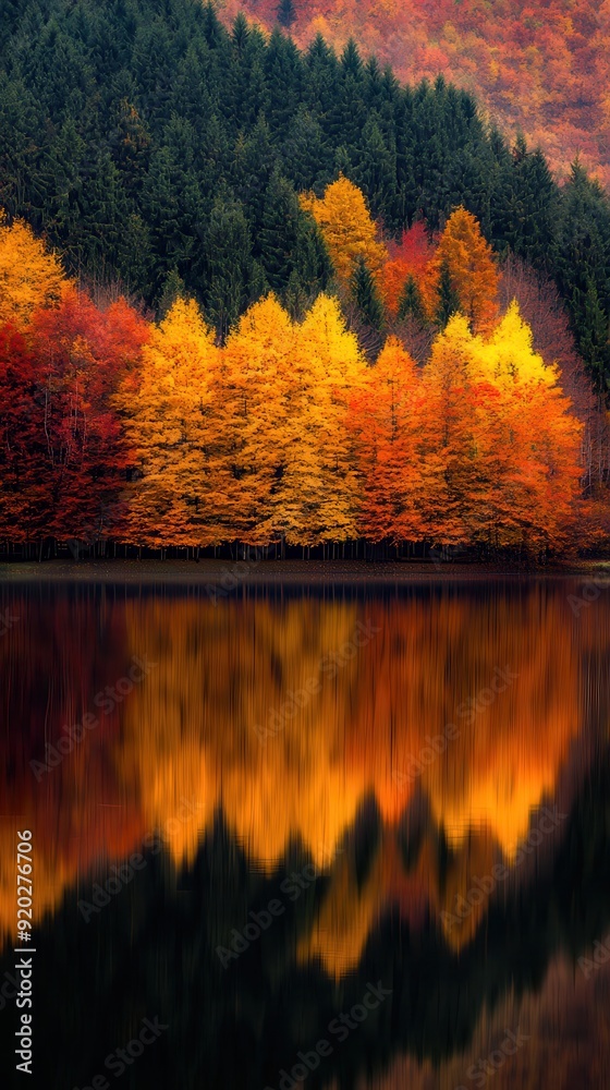 Obraz premium A serene autumn equinox scene features a small lake encircled by trees in vibrant fall colors, their reflections beautifully mirrored in the water.