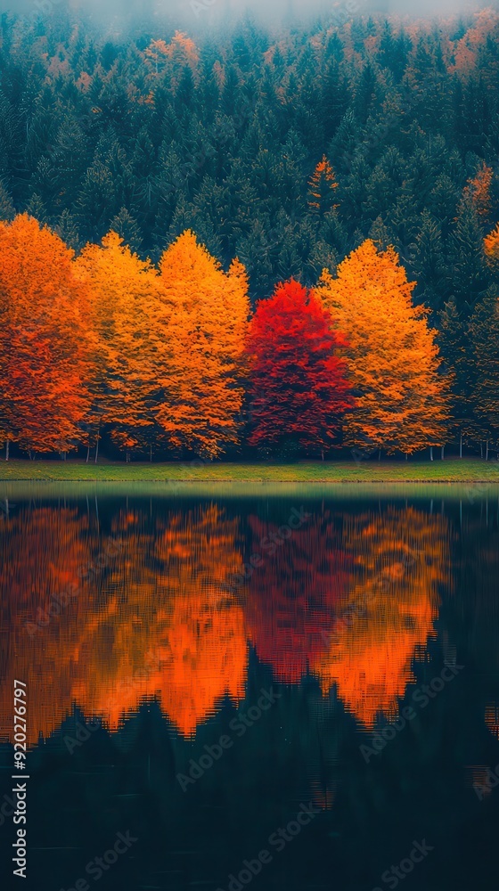 Obraz premium A serene autumn equinox scene features a small lake encircled by trees in vibrant fall colors, their reflections beautifully mirrored in the water.