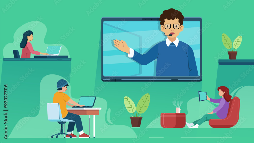 Vector Illustration of Lecturers Teach Online While Students Study From Their Place Using Laptops. Perfect For Online Education, Webinar, Meeting Online, Online Course, Training, Seminar. Vector Illustration of Lecturers Teach Online While Students Study From Their Place Using Laptops. Perfect For Online Education, Webinar, Meeting Online, Online Course, Training, Seminar.