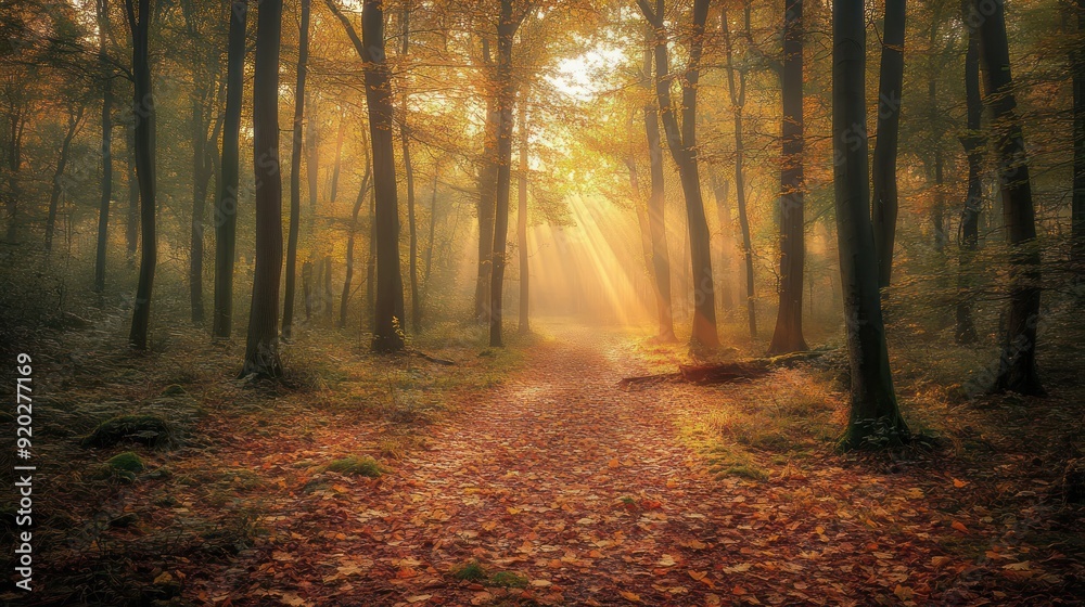 Sunlight Shining Through Autumn Forest Sunlight Shining Through Autumn Forest