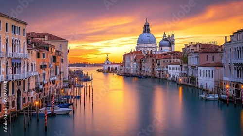 The serene beauty of Canal Grande, with the Basilica di Santa Maria della Salute bathed in the warm colors of a Venetian sunset.