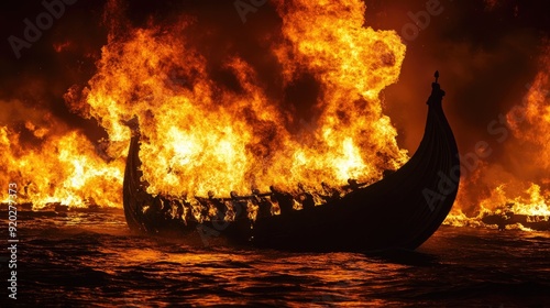 The spectacular burning of the galley ship at Up Helly Aa, with flames creating an intense, fiery scene. photo