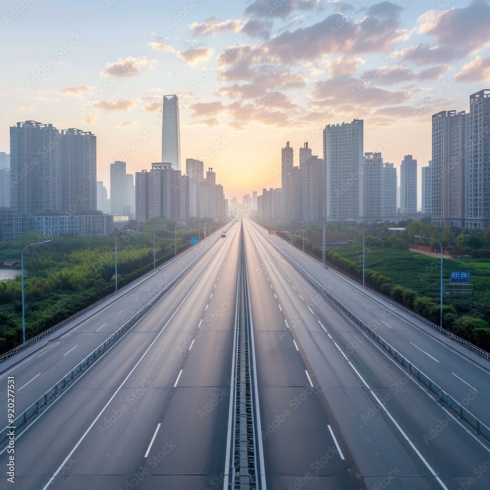 Fototapeta premium empty highway with cityscape and skyline of chengdu,China.