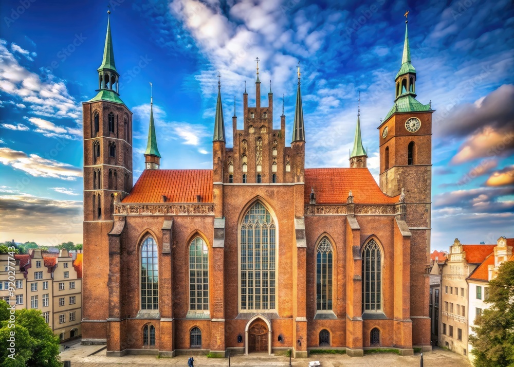 Obraz premium Historic brick Gothic St. Mary's Basilica stands tall in Gdansk, Poland, featuring intricate stone carvings, stunning stained glass, and a towering brick facade.