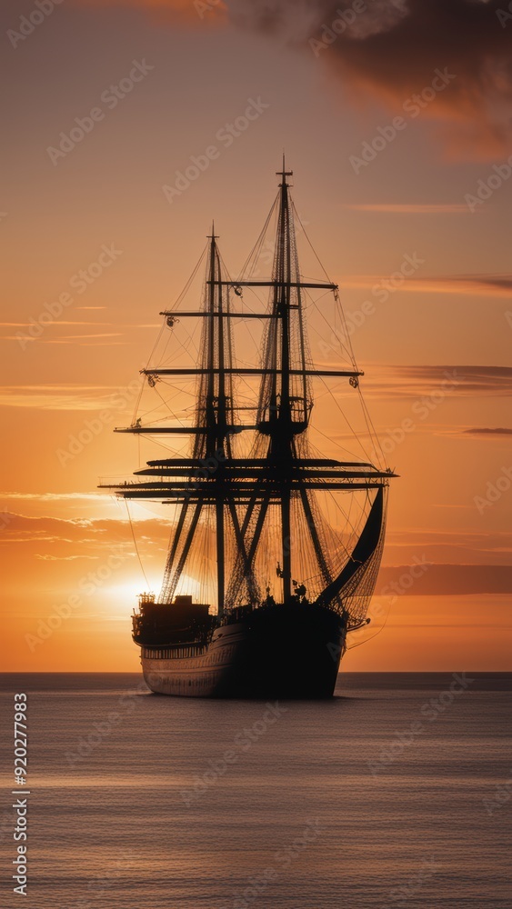 Sailing ship anchored at sunset surrounded by calm waters and warm hues of orange and yellow. Sailing ship anchored at sunset surrounded by calm waters and warm hues of orange and yellow.