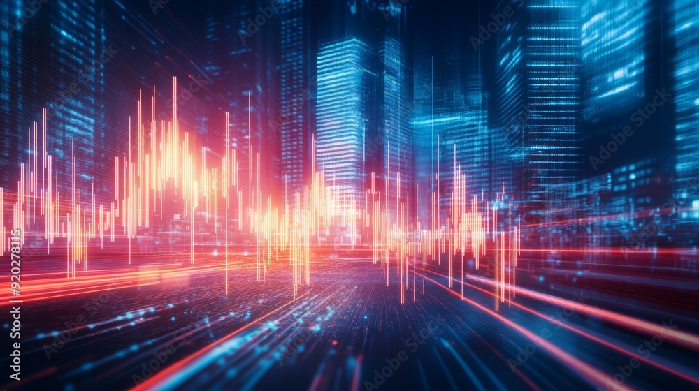 Dynamic cityscape with vibrant light trails and sound wave patterns, creating an energetic and futuristic atmosphere. Dynamic cityscape with vibrant light trails and sound wave patterns, creating an energetic and futuristic atmosphere.