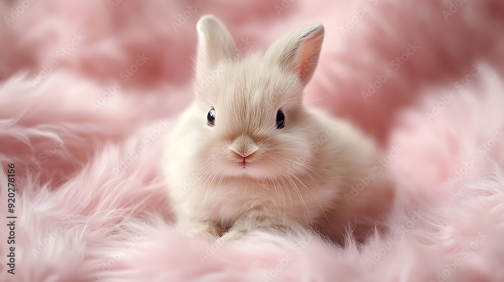 A cute, fluffy rabbit resting on a soft pink background.