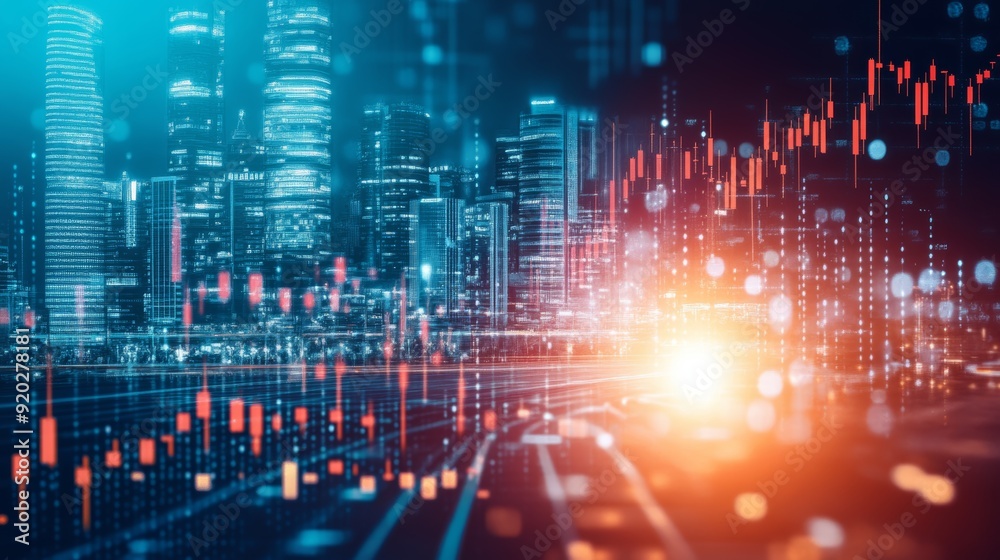 Dynamic city skyline with digital graphs and glowing lights, representing finance, technology, and urban growth. Dynamic city skyline with digital graphs and glowing lights, representing finance, technology, and urban growth.