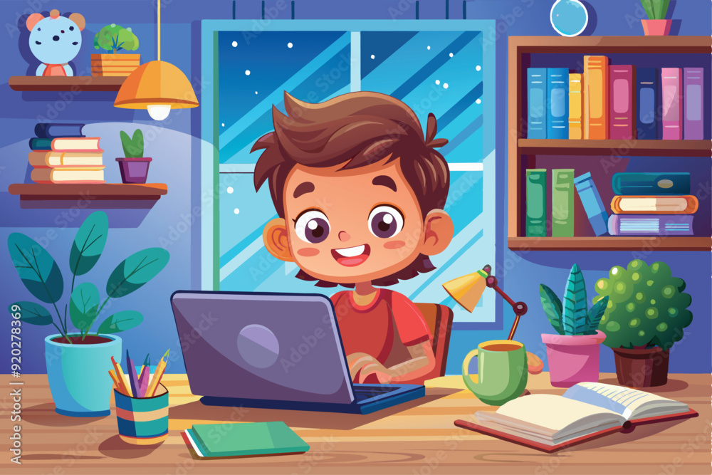 Cute little boy looking happy studying at home using laptop computer. Online education, e-learning technology learning, e-learning web element learning. Vector cartoon design illustration.