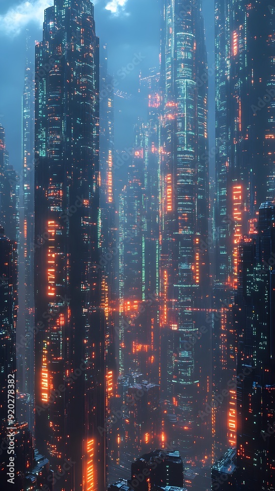 Futuristic Cityscape with Glowing Skyscrapers and Data Streams